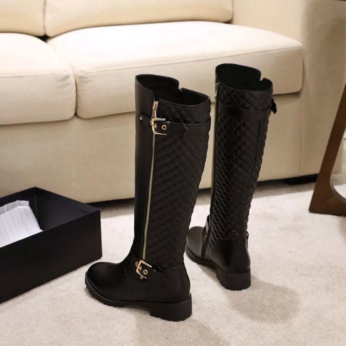 Women’s Knee-High Riding Boots | Buckle Detail Low Heel Boots