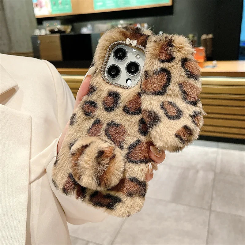 Cute Plush Bunny Leopard Print iPhone Case . Soft Furry Protective Cover, Cozy Cartoon Style