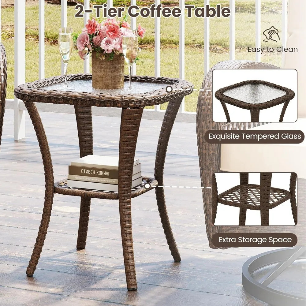 3 Pieces Wicker 360° Swivel Rocker Set Patio Furniture, Rocking Chairs with Cushions, Tempered Glass Coffee Table, Outdoor Ratt