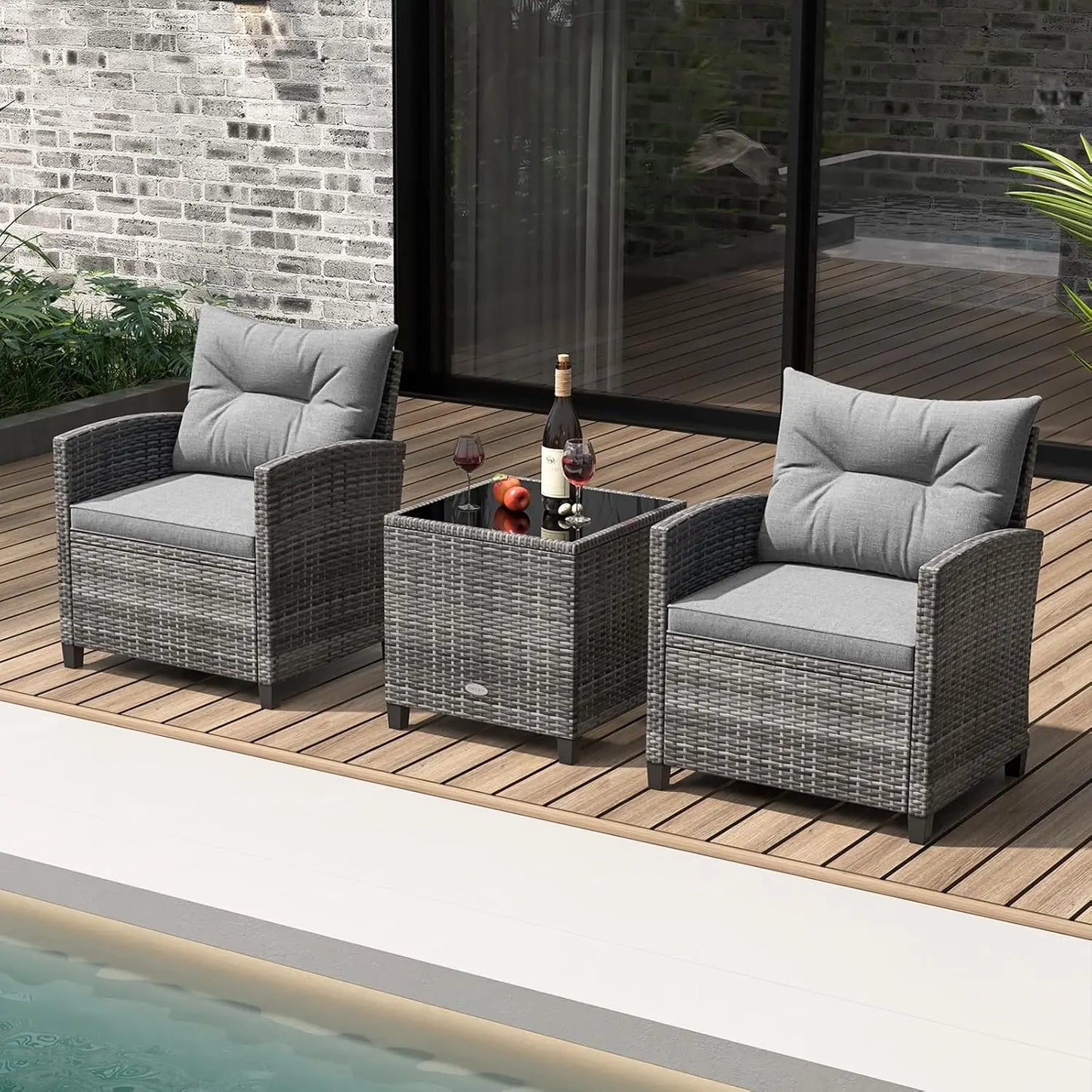 Modern 3 Piece Outdoor Patio Conversation Set with Cushioned Chairs and Coffee Table