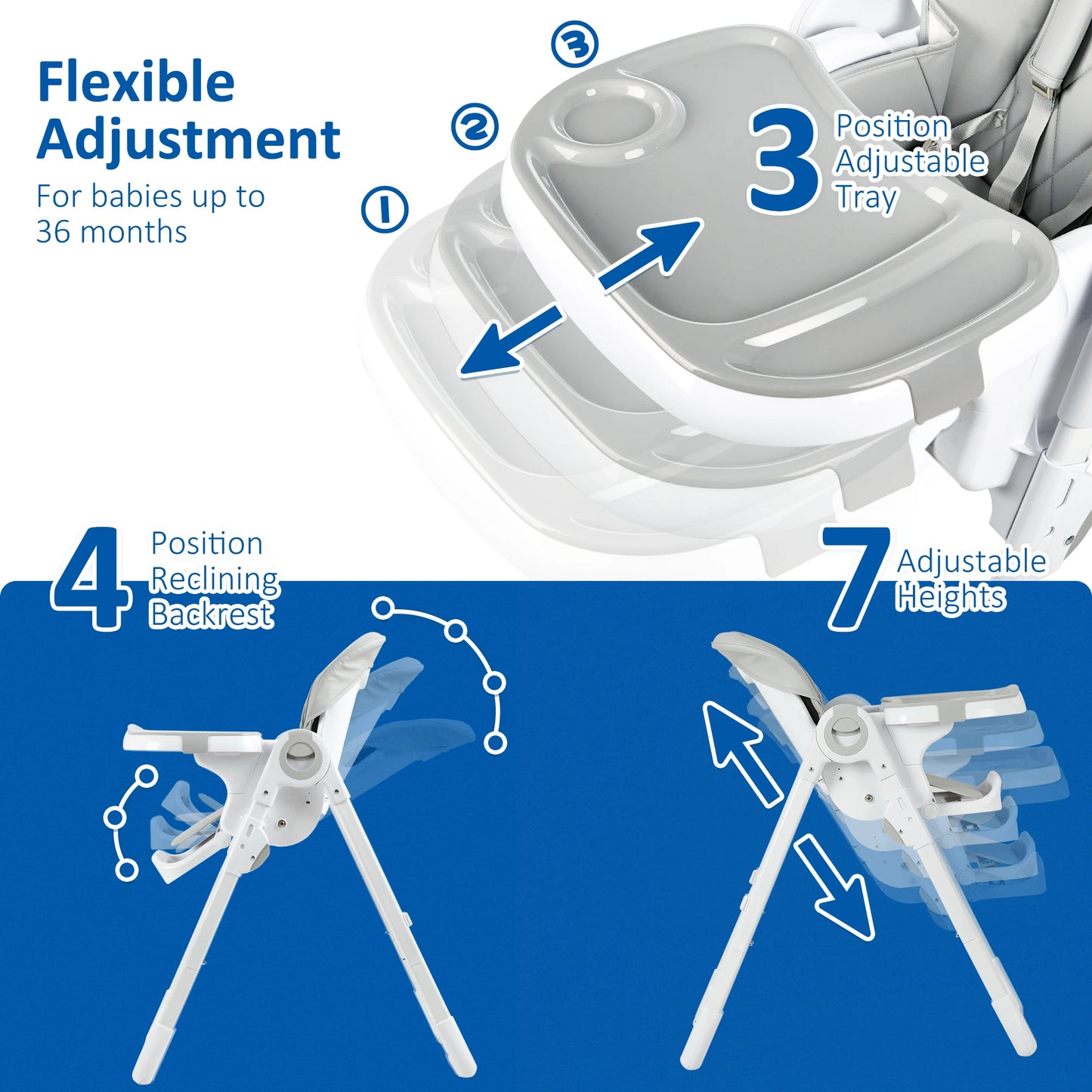 Multifunction Baby High Chair with Adjustable Height, Reclining Seat & Feeding Tray