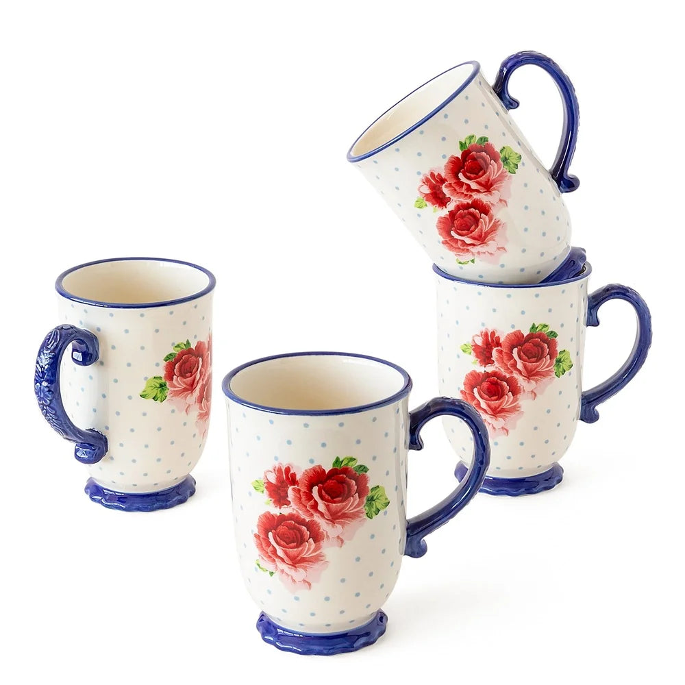 Heritage Floral 4-Piece Mug Set Vintage Coffee Tea Cups Dishwasher Microwave Safe Stoneware Charming Gift Kitchen Essentials