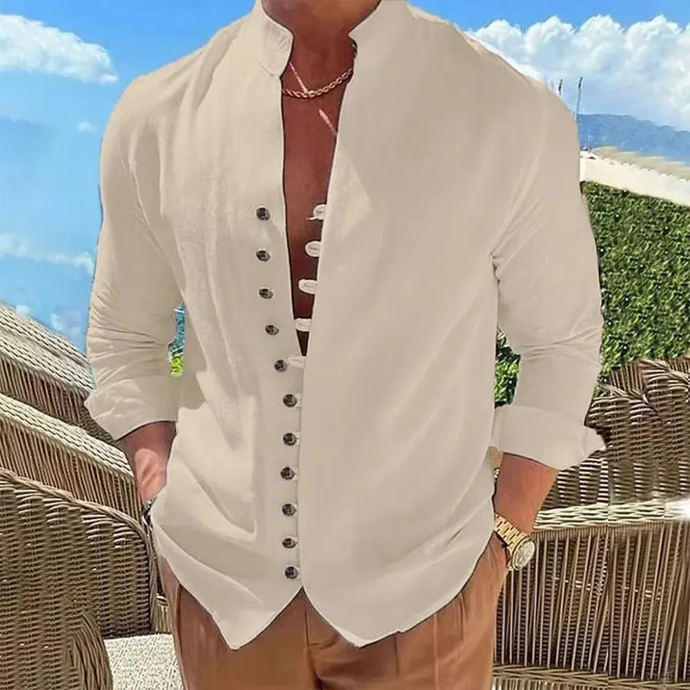 Men’s Cotton Linen Long Sleeve Shirt . Casual Lightweight Button Up