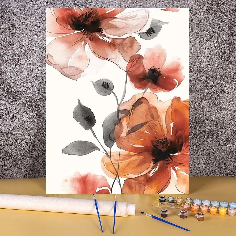 DIY Paint by Numbers Ink & Wash Flower Canvas Kit . Floral Acrylic Painting Set for Adults & Beginners Home Wall Decor Gift