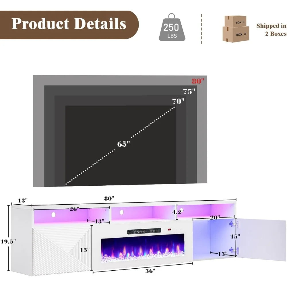 80 inch Floating TV Stand with 40" Electric Fireplace, Wall Mounted Electric Fireplace Entertainment Center with Storage Space,