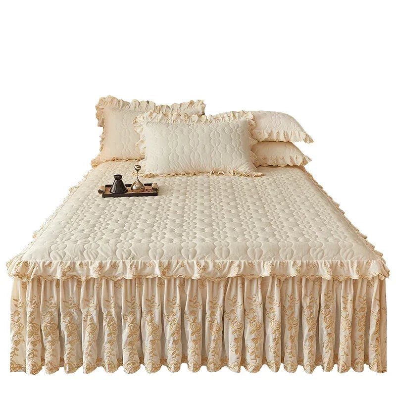 Luxury Velvet Ruffled Bedspread Set with Pillow Covers
