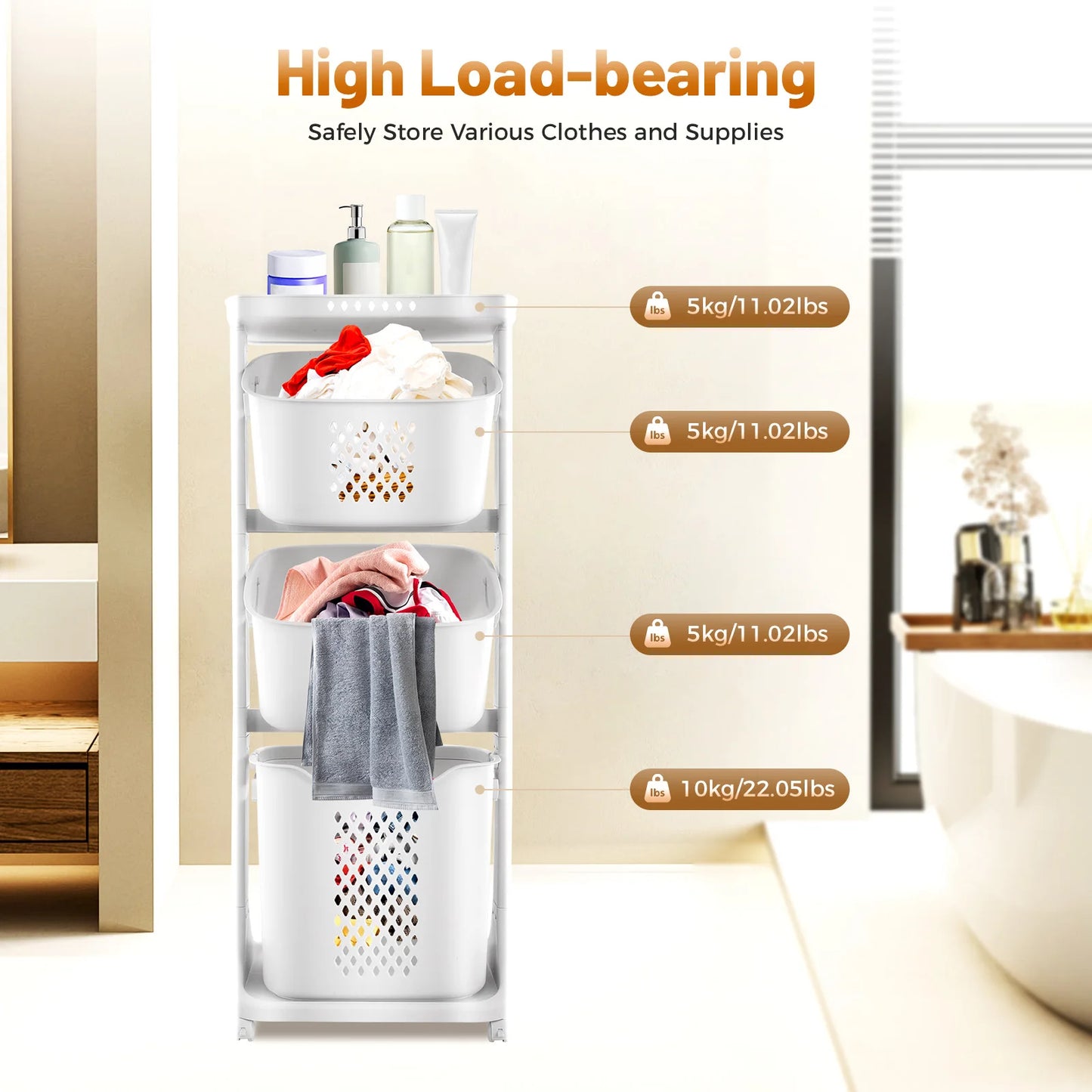 4-Tier Rolling Laundry Hamper and Bathroom Storage Organizer with Wheels