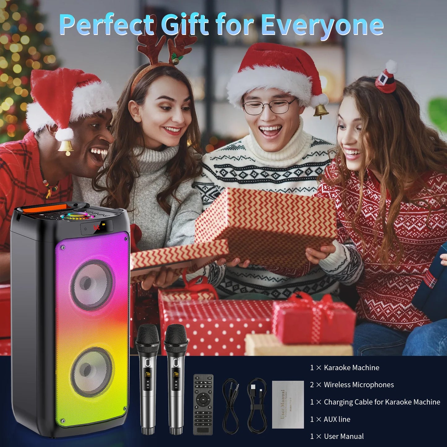 Portable Wireless Bluetooth Karaoke Speaker with 2 Microphones, RGB Lights & Deep Bass Sound System