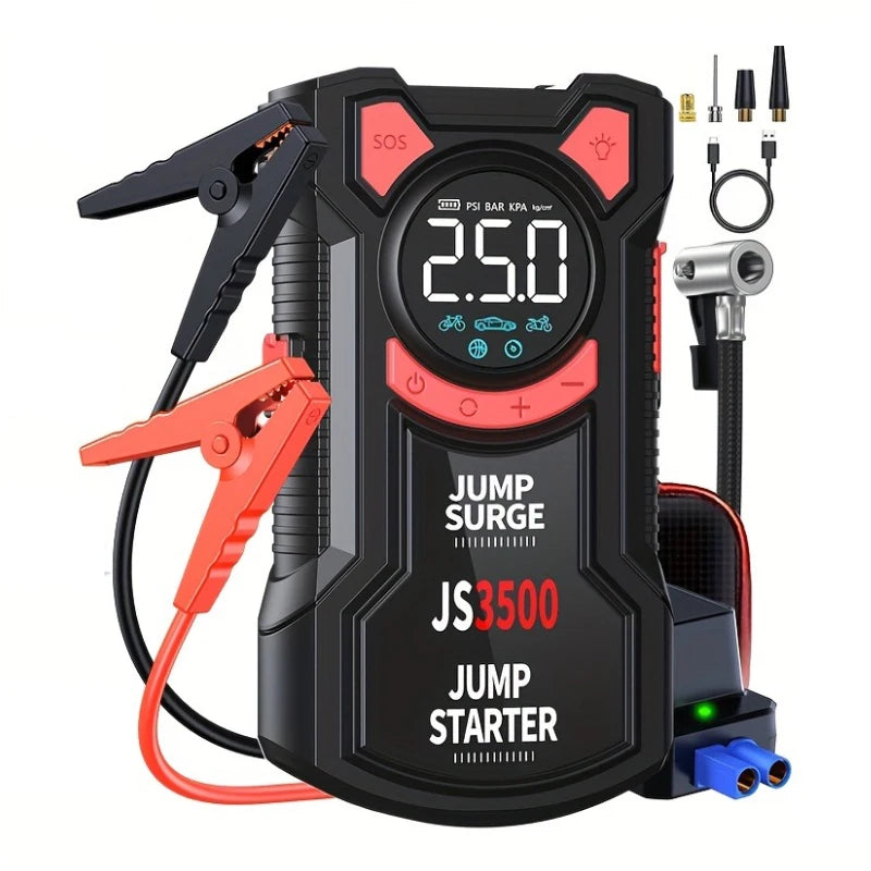 3000A Portable Car Jump Starter with Air Compressor  5-in-1 Battery Booster, Tire Inflator, LED Light & Power Bank