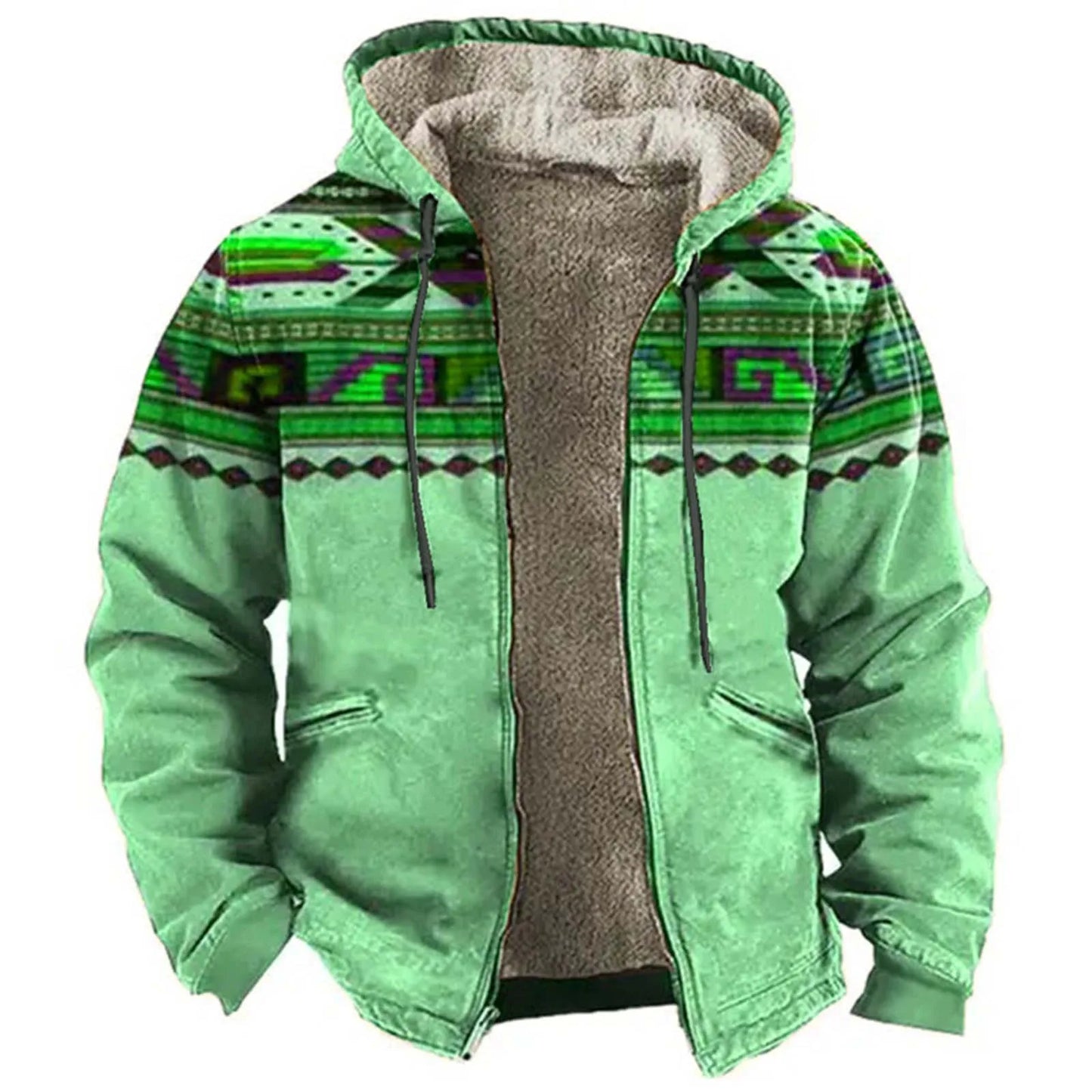 Men’s Sherpa Hooded Aztec Jacket. Warm Western Style Outdoor Coat
