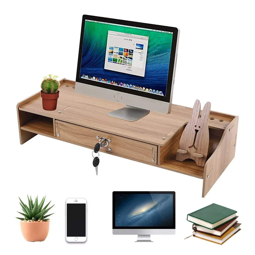 Wooden Monitor Riser Stand with Storage Drawer, Computer Monitor & Laptop Stand, Desktop Organizer for Home Office