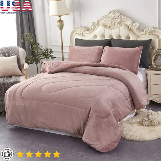 Reversible Sherpa Fleece Bed Blanket Thick Warm Cozy Soft Throw 3 Piece Set Queen Size with Pillow Shams Perfect Gift