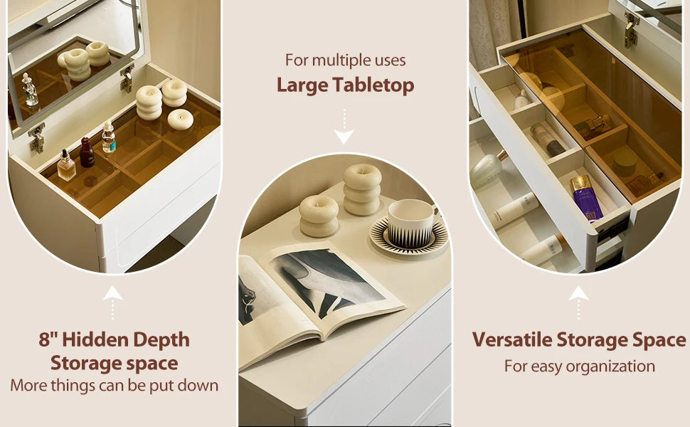 3-in-1 Dresser with Flip-Up Mirror and Light, Small Dresser Set with Visible Glass Tabletop, 3 Drawers, Storage Bench, 3-Color I