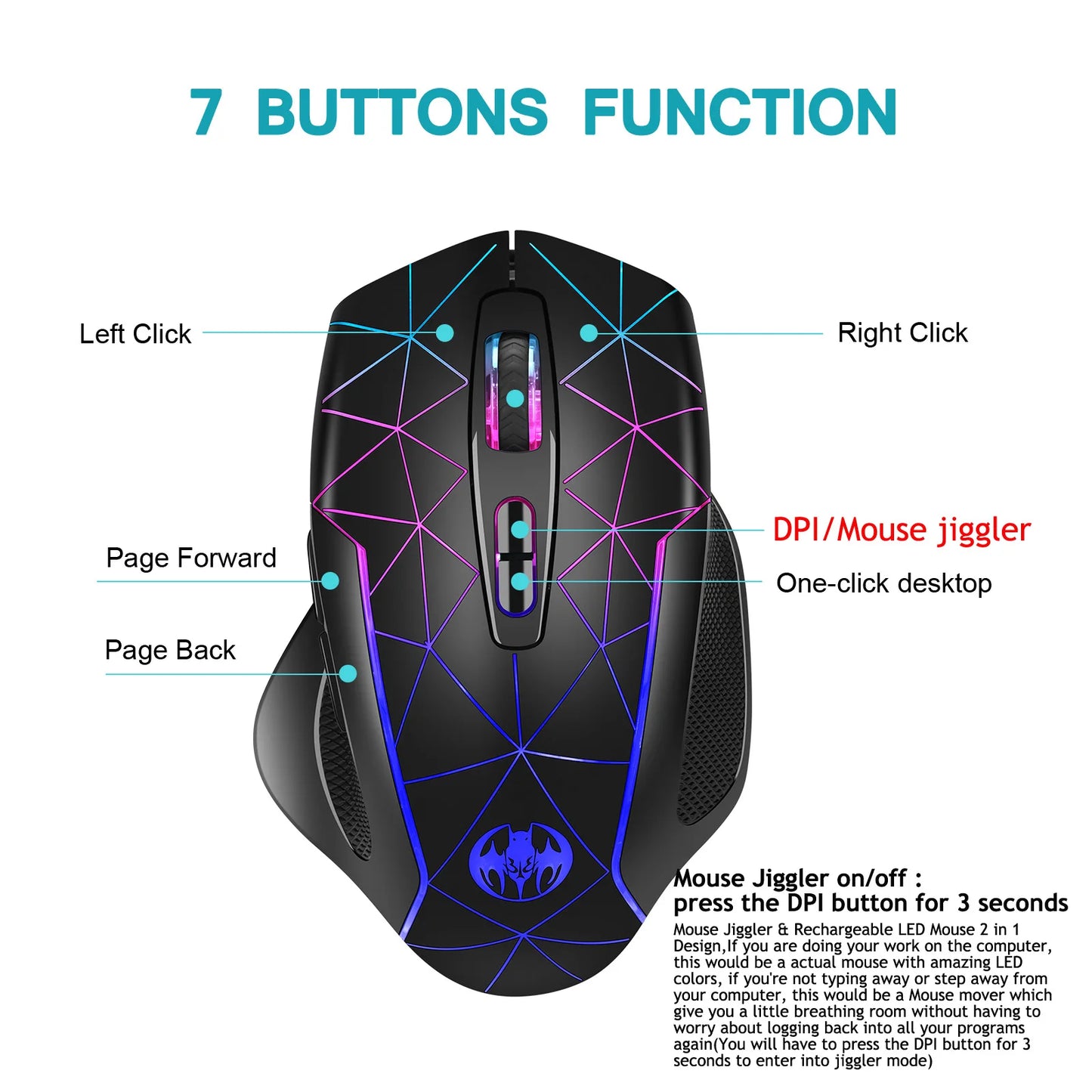 Rechargeable Wireless Gaming Mouse  Ergonomic RGB PC Mouse for Home Office & Gaming