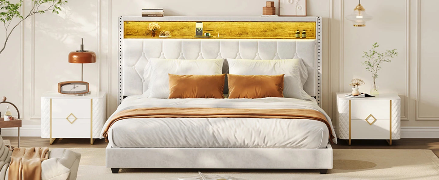 Bed Frame with Headboard and LED Lights Upholstered Platform Bedframe with Charging Station No Box Spring Needed Easy Assembly W