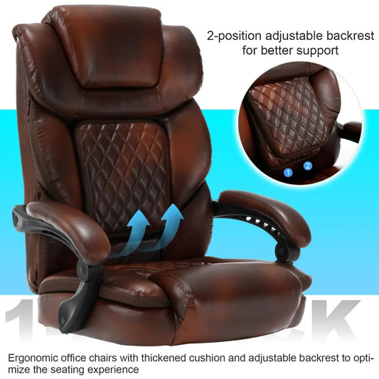 450lbs Big Tall Reclining Office Chairs with Foot Rest Back Support Ergonomic Wide Seat Recliner Desk Chair Brown Leather Execut
