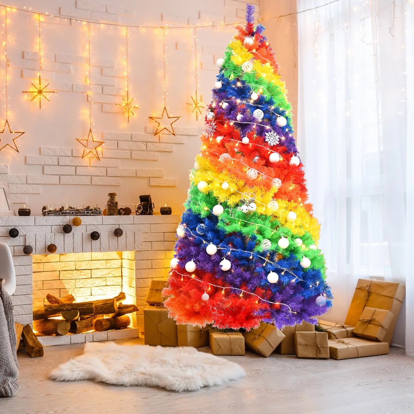 7FT Rainbow Artificial Christmas Tree . Vibrant Full Pine Holiday Tree for Festive Home Décor