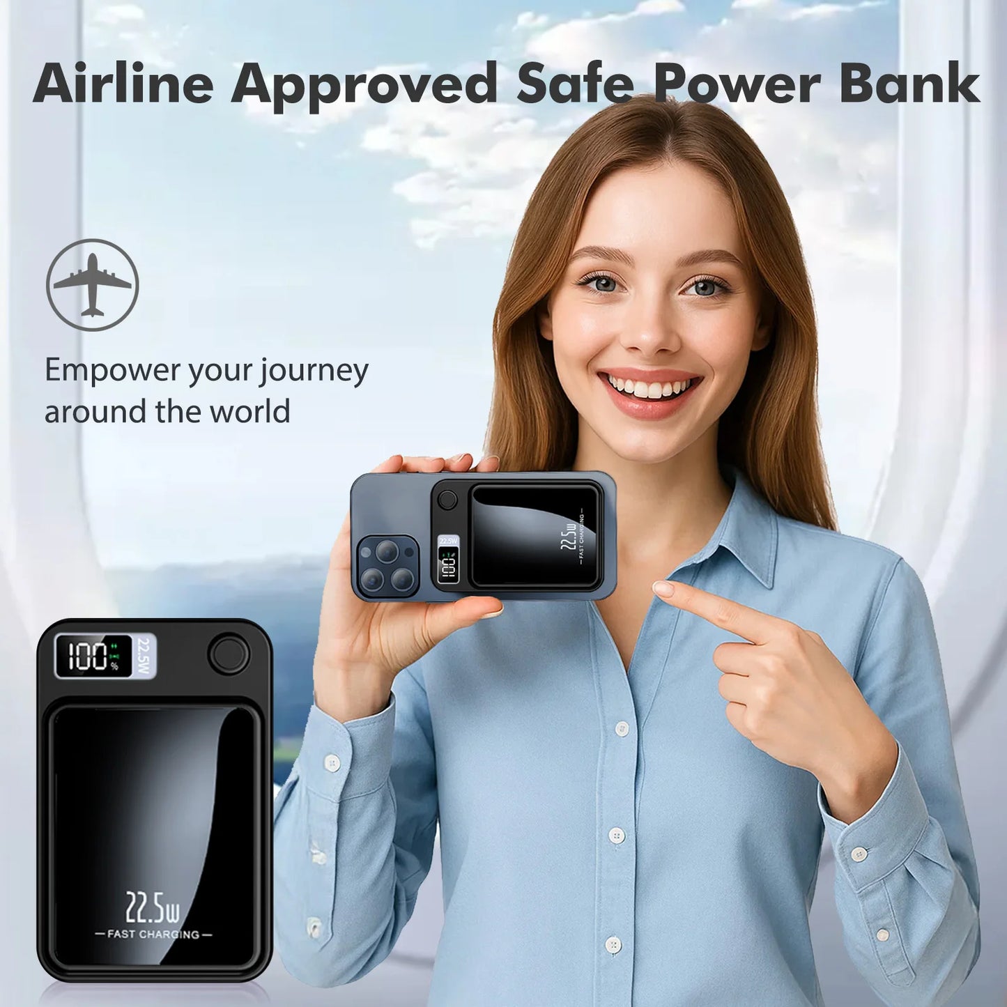 10000mAh Magnetic Wireless Power Bank, 2-in-1 Fast Charging Portable Charger with USB-C & MagSafe Compatible Battery Pack