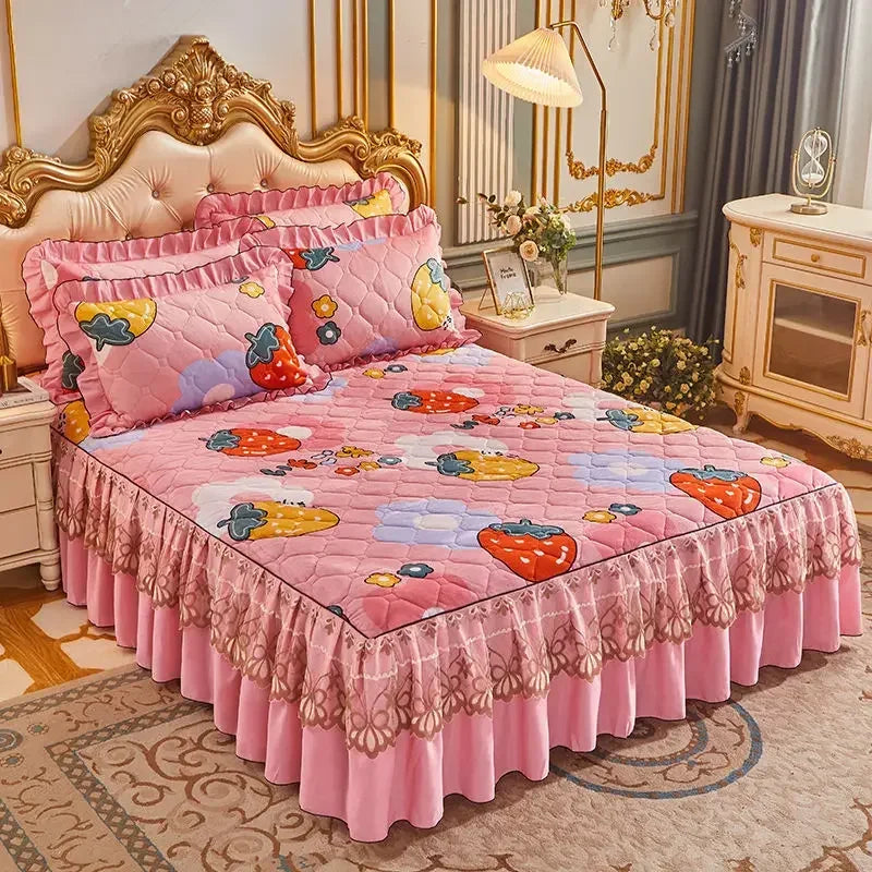 Luxury European Velvet Quilted Bed Skirt Set