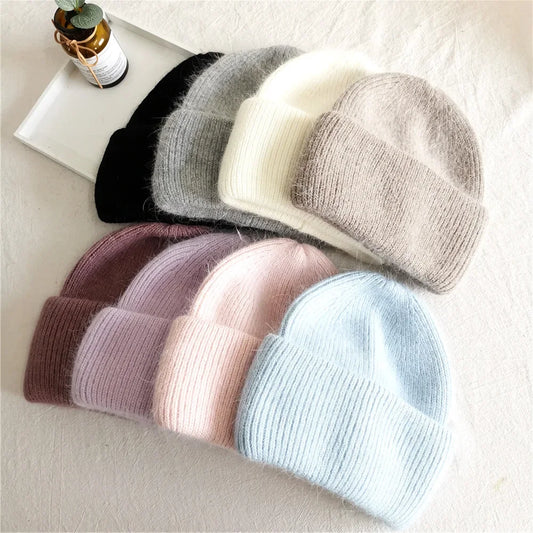 Warm Cashmere Wool Beanie For Women Rabbit Fur Threefold Cap