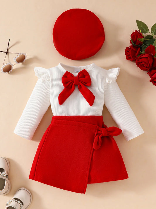Toddler Infant Baby Girl Fall Winter Clothes - 2pcs Adorable Skirt Set: Long Sleeve Bowknot Top + Trendy Skirt with Beret