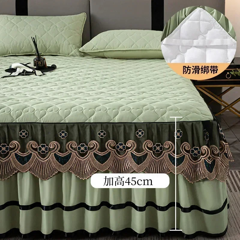 Elegant Embroidered Lace Quilted Bed Skirt Set
