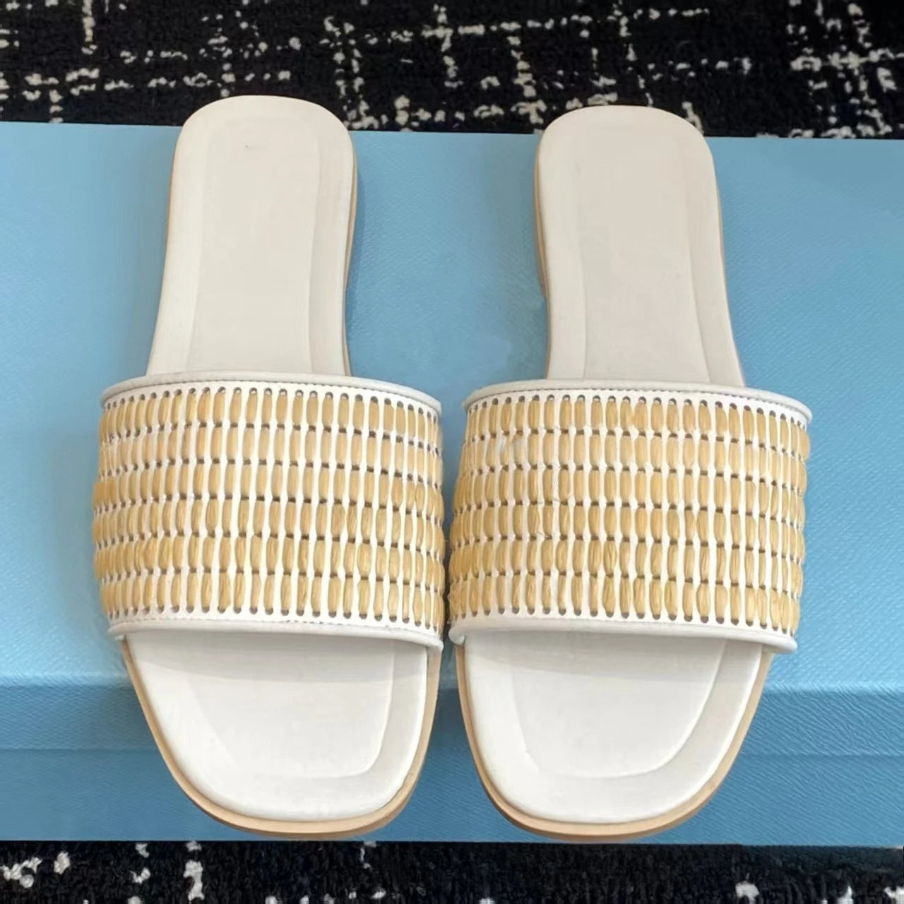 Luxury Women’s Woven Buckle Slide Sandals. Premium Square Toe Summer Flats