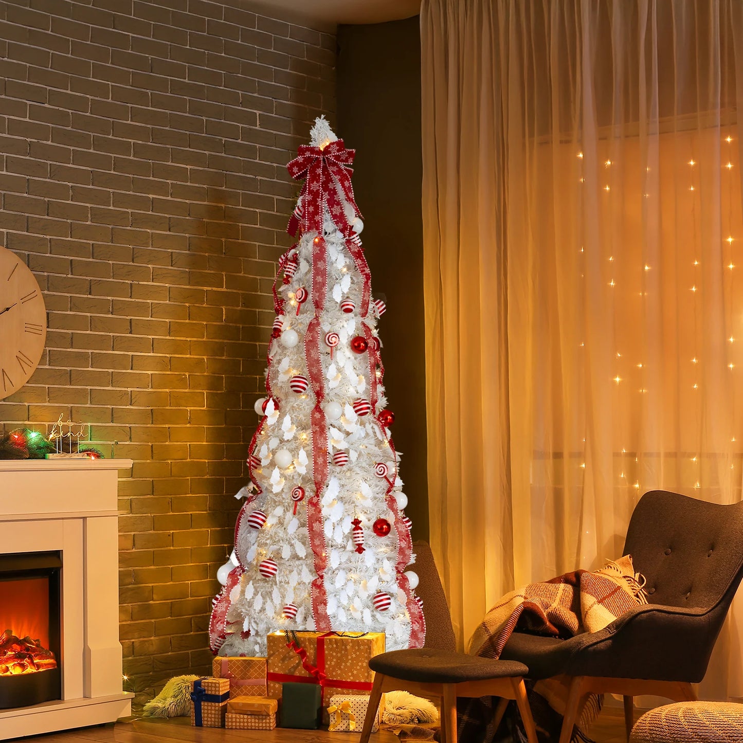 7 FT Fully Decorated Pre-lit Christmas Tree, Pop Up Artificial Xmas Tree with 170 Warm Lights and Red Ornaments for Home Office Store Holiday Deco, White