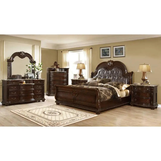 5-Piece King Bedroom Set (King Bed, Nightstand, Dresser, Chest & Mirror) Button Tufted, Wood Construction, Dark Walnut Finish