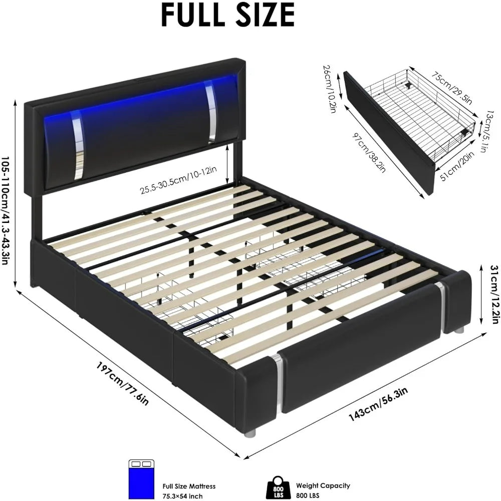 "contemporary rgb led-lit faux leather bed frame with storage drawers and smart platform design"