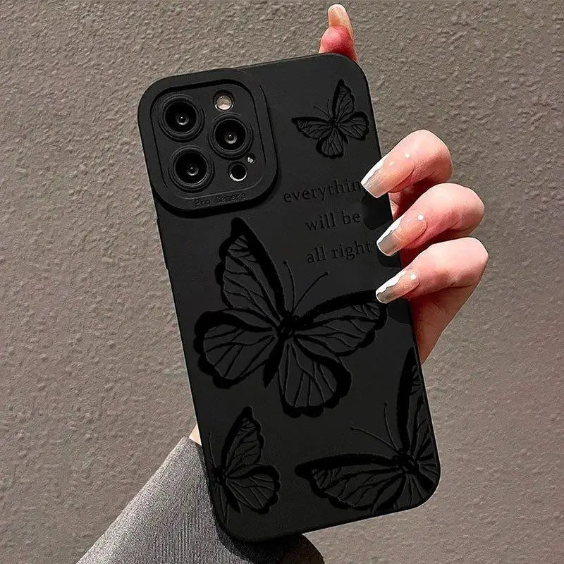 Minimalist Butterfly iPhone Case .  Matte Black Aesthetic Protective Phone Cover (iPhone 11–17 Series
