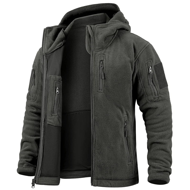 Men’s Tactical Fleece Jacket Winter Military Hoodie Multi Pocket Outdoor Coat