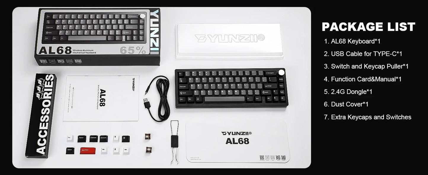 YUNZII AL68 Silver Wireless Custom Mechanical Keyboard, QMK/VIA Aluminum Keyboard, Hot Swap Gasket Gaming Keyboard with Knob