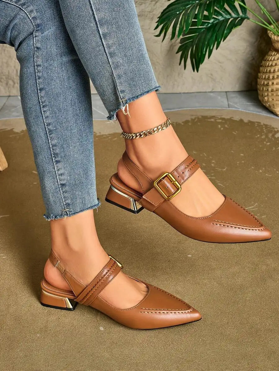 2025 Autumn Women's Pointed Toe Metal Heeled Stylish Slip-On Mule Shoes Backless Loafer Slip-On Flats