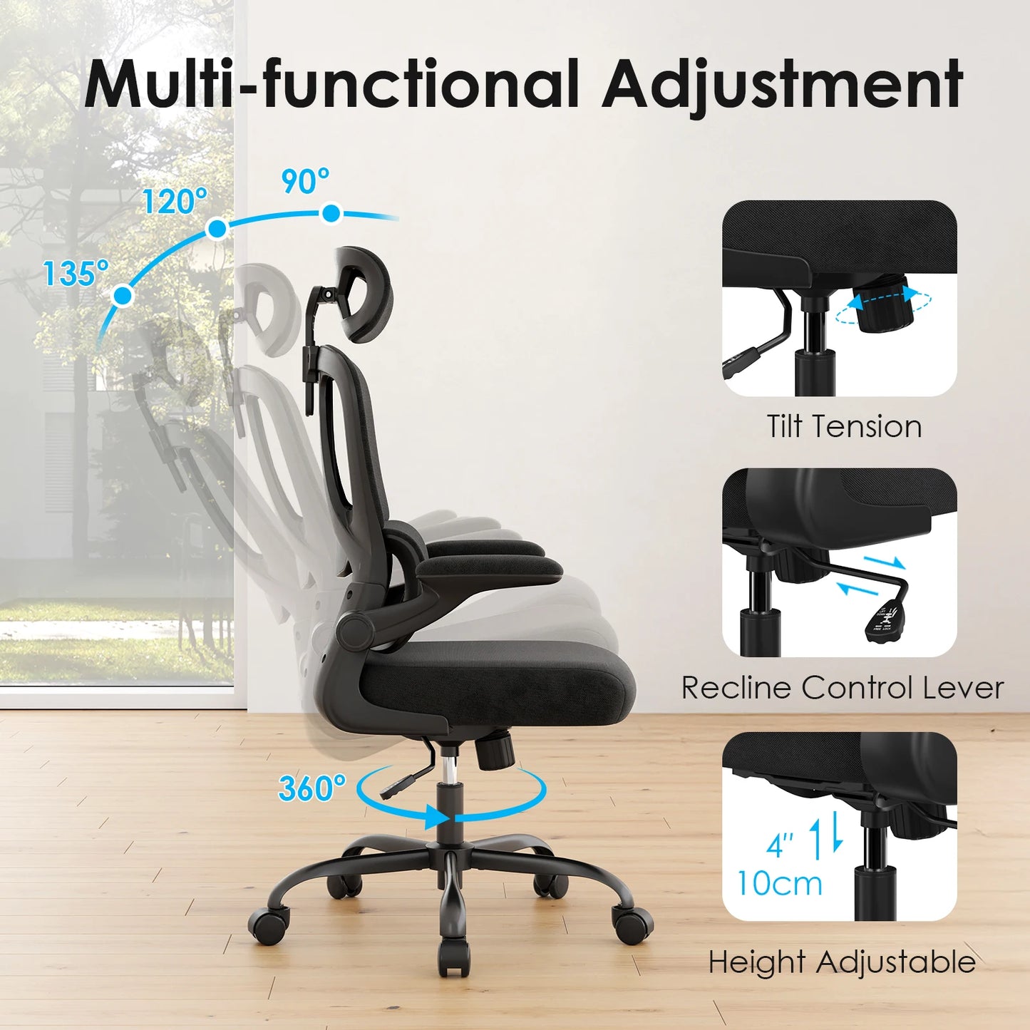 Ergonomic High Back Office Chair with Adjustable Headrest, Lumbar Support, Flip-Up Armrests & Reclining Computer Desk Chair