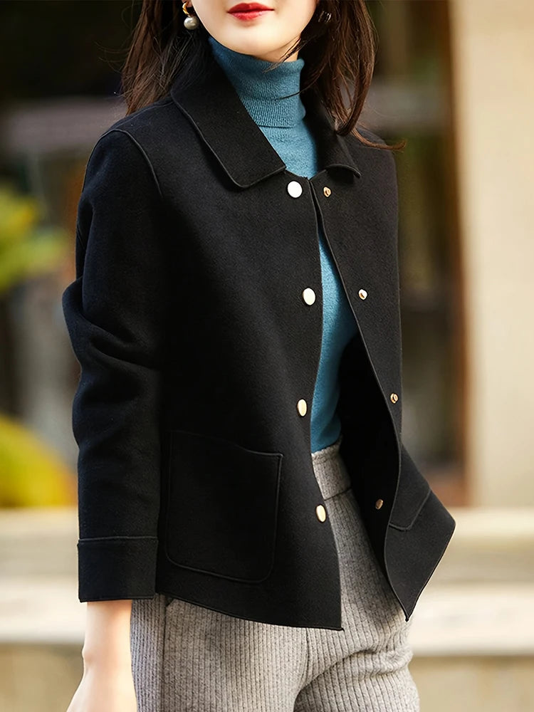Women's Short Woolen Coat. Classic Button-Front Autumn & Winter Jacket