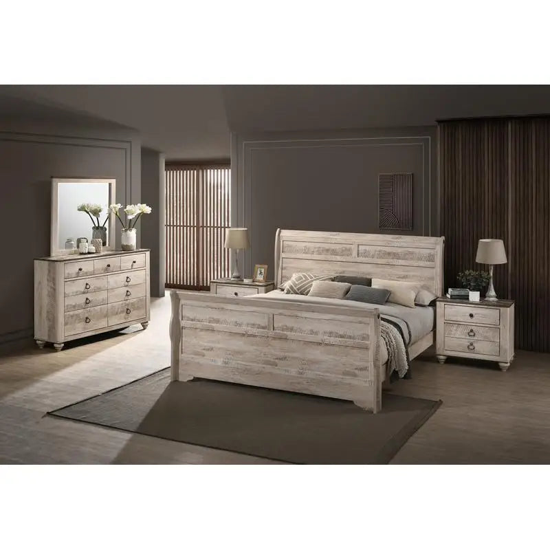 King Sleigh Bed Bedroom Set with White Wash Finish, Dresser, Mirror, 2 Nightstands