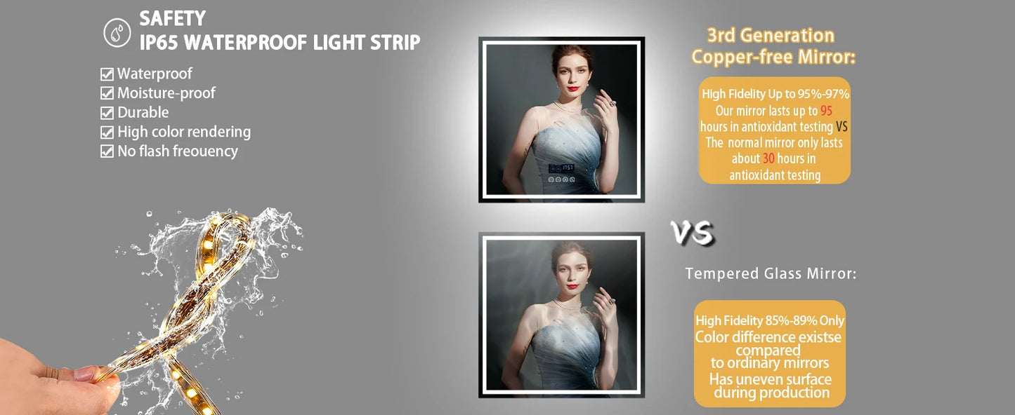 LED Bathroom Mirror 800mm Square Wall Mirror with Bluetooth Time Temperature Display 3 Colours Front+Backlit Anti-fog Memory