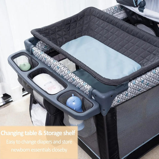5 in 1 Multifunctional Pack and Play,Foldable Baby Crib with Bassinets,Changing Table,Newborn Napper with Canopy,Diaper Stacker
