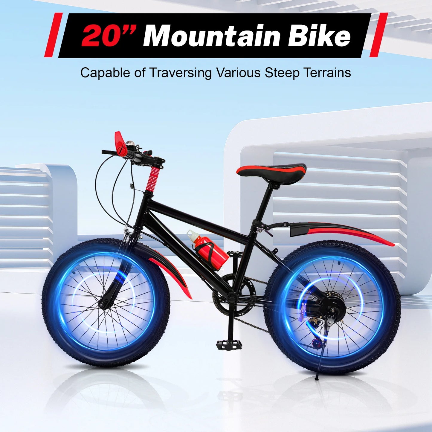 20-Inch 7-Speed Mountain Bike . Kids Bicycle with Adjustable Seat, Front Suspension & Dual Disc Brakes