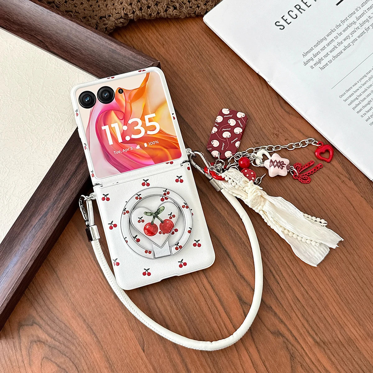 Cherry Print Magnetic Phone Case with Detachable Wrist Strap