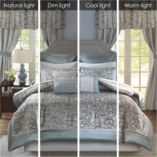 Popular 24 Piece Faux Silk Paisley Queen Comforter Set with Matching Curtains, Down Alternative Hypoallergenic