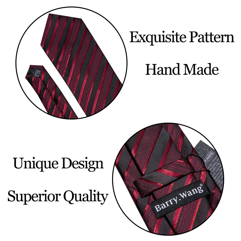 Men’s Luxury Red Striped Necktie Set. Silk Tie, Pocket Square & Cufflinks for Business, Wedding & Formal Wear