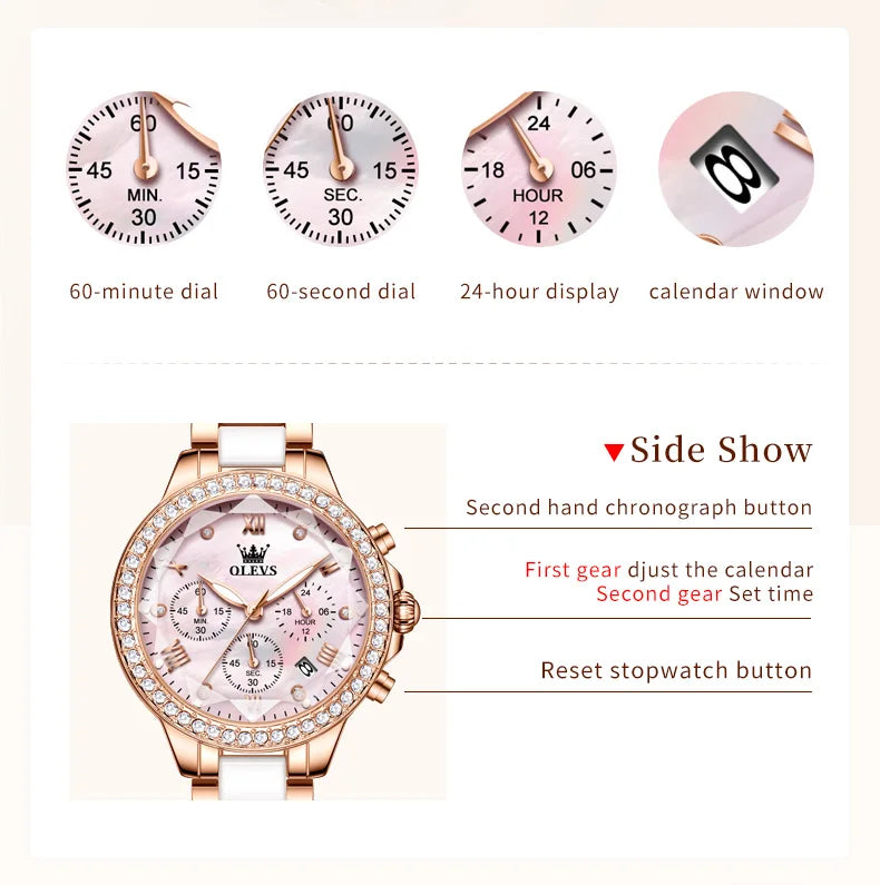 OLEVS Luxury Women’s Waterproof Chronograph Watch. Rose Gold Crystal Fashion Timepiece