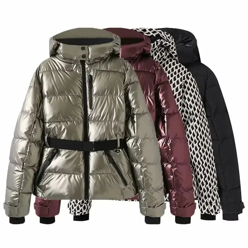 Women's Winter Hooded Puffer Jacket. High-Waist Belted Warm Coat