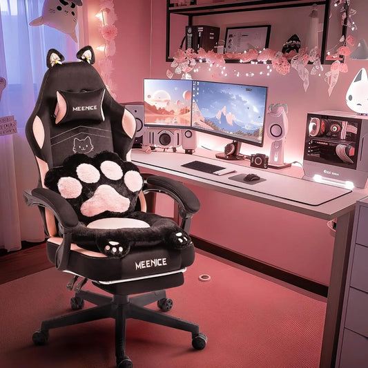 Pink Gaming Chair Cute with Cat Ears Paw Lumbar and Cushion,Ergonomic Computer Chair with Footrest,Reclining PC Game Chair for G