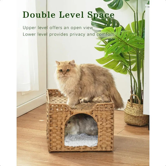 Handwoven Rattan Cat Cave Bed Indoor Kitten House Foldable