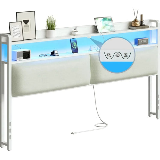 Headboard for King Size Bed Frame, Headboards with Outlets, USB Ports and 60,000 DIY Color LED Light, Upholstered Head Board wit