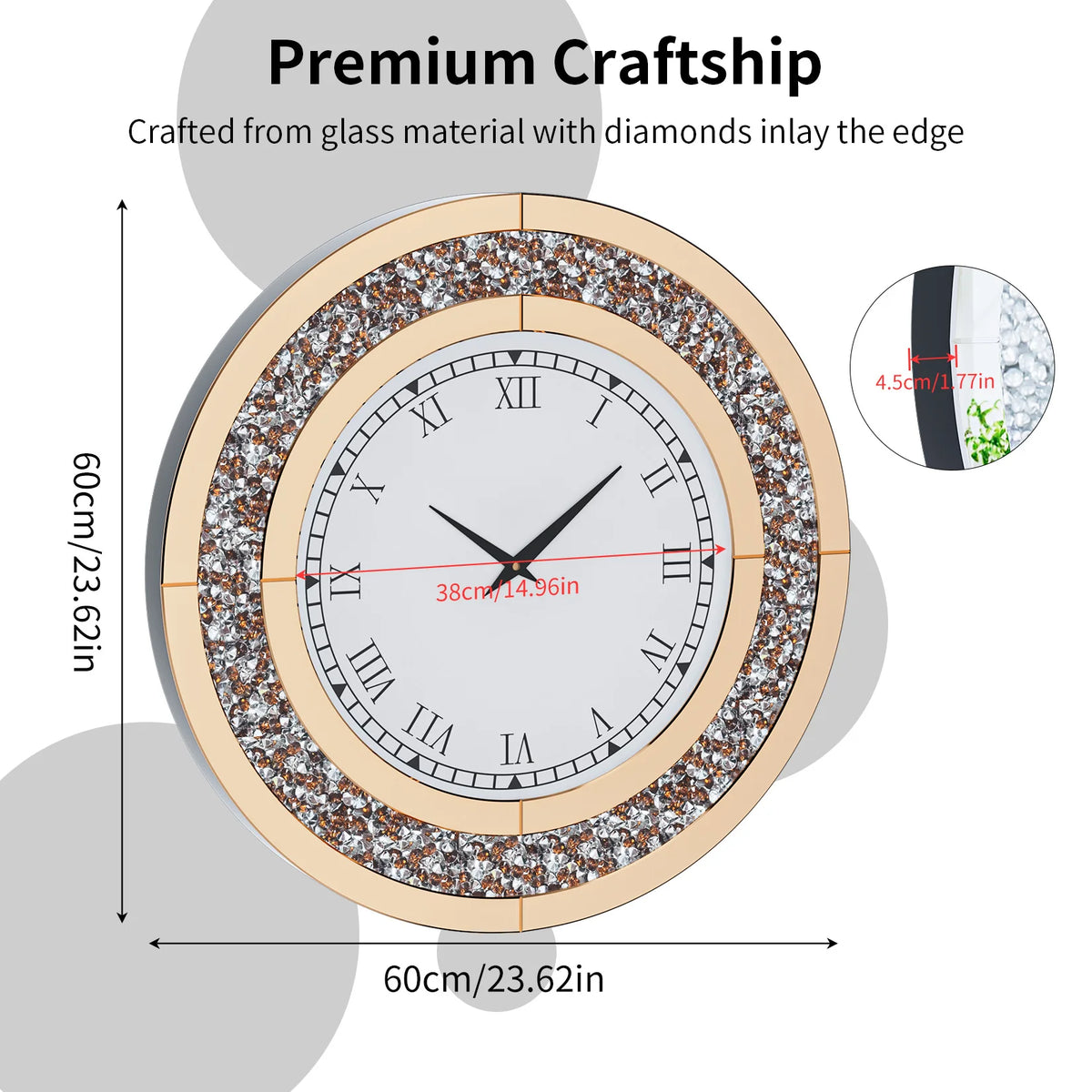 Elegant Mirrored Wall Clock – Crystal-Inspired Decorative Round Clock