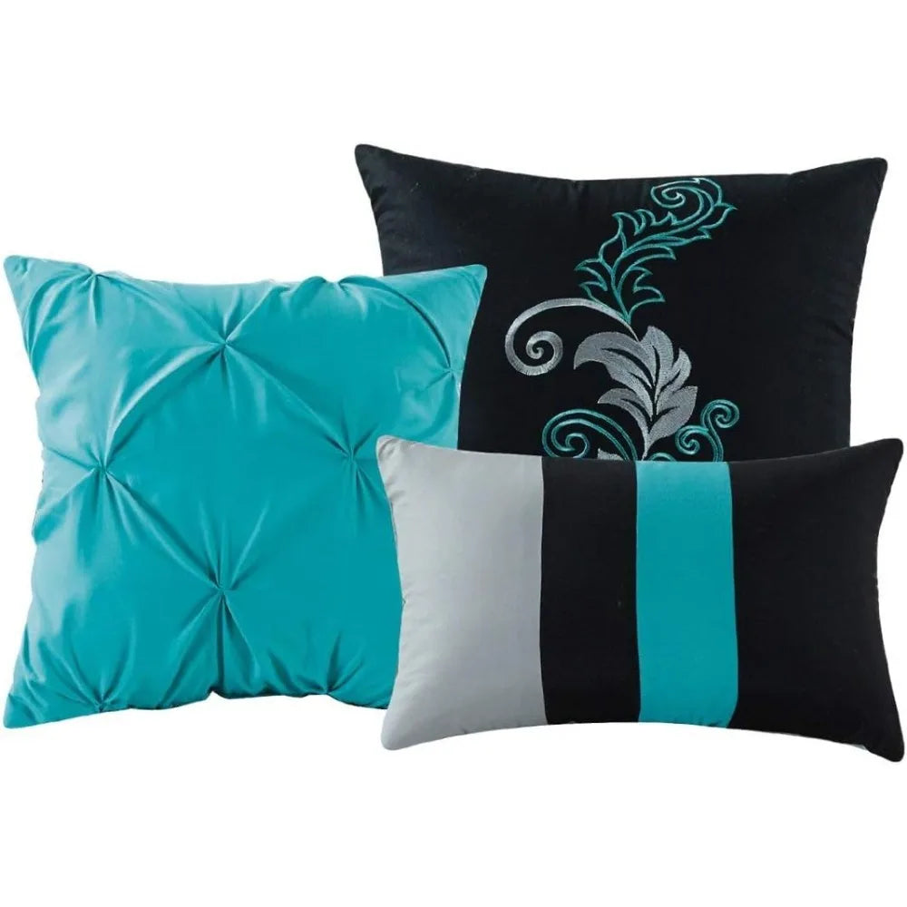 Collection Napa 7-Piece Luxury Leaves Scroll Embroidery Bedding Comforter Set (Queen, Teal Blue/Gray/Black)